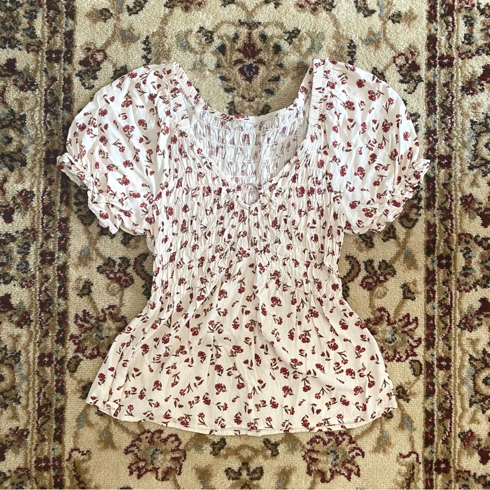 Vintage Ruched Babydoll Red Floral Blouse